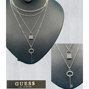 Guess Silver Logo Pave Lock & Key Charm Attached Four Strand Chain Necklace
